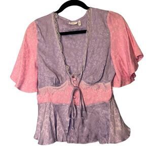 ASOS Lavender and Pink Lace-Trim Flutter Sleeve Blouse